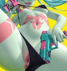 anus aqua_hair bare_shoulders bikini_lift bikini_pull blue_nails breasts casual cd_projekt_red censored clothes_lift clothes_pull colored_skin cyberpunk:_edgerunners cyberpunk_2077 fangs female fingernails firearm from_below grey_skin gun handgun head_out_of_frame holding holding_gun holding_weapon human leg_tattoo lifted_by_self long_fingernails long_hair lucknight medium_breasts mosaic_censoring nail_polish navel netflix nipples open_mouth pale_skin pink_nails pulled_by_self pussy rebecca_(edgerunners) simple_background solo spread_legs stomach stomach_tattoo studio_trigger tattoo tongue tongue_out trigger_discipline twintails weapon yellow_background