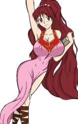 1girls arm_up book breasts brown_eyes brown_hair cleavage female female_only fire_emblem fire_emblem:_mystery_of_the_emblem fire_emblem:_shadow_dragon_and_the_blade_of_light hourglass_figure huge_breasts linde_(fire_emblem) long_hair looking_at_viewer nintendo ponytail red_hair smile solo very_long_hair white_background wide_hips zidane