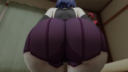 1girls 3d aether_(genshin_impact) against_fourth_wall animated ass ass_focus ass_on_face ass_on_glass bare_shoulders black_hair fourth_wall from_behind genshin_impact hip_attack huge_ass jiggle kishi kujou_sara short_shorts shorts solo video webm