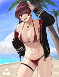 arm_up artist_logo ass_visible_through_thighs bangs bare_shoulders beach bikini black_jacket black_legwear blue_sky breasts cloud collarbone commentary cowboy_shot day donburikazoku earrings female hand_up heart heart_earrings heart_necklace heterochromia high_ponytail highres hololive hololive_fantasy hololive_japan horizon houshou_marine jacket jewelry large_breasts long_hair long_sleeves looking_at_viewer navel necklace ocean open_clothes open_jacket outdoors palm_tree ponytail red_bikini red_eyes red_hair round_teeth skindentation sky smile solo swimsuit teeth thigh_strap thighs tree virtual_youtuber yellow_eyes