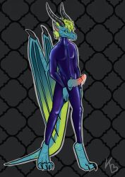 absurd_res anthro bodily_fluids clothing cum cum_on_penis dragon genital_fluids genitals hi_res kwakapaint male penis rubber rubber_clothing rubber_suit solo standing