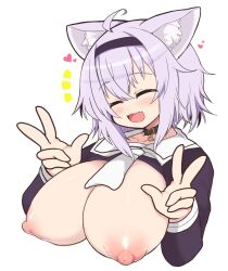 1girls ahoge animal_ears big_breasts breasts bust_portrait cat_ears choker closed_eyes female hairband happy heart hololive hololive_gamers hololive_japan matarou_(matarou072) nekomata_okayu nekomimi open_mouth peace_sign purple_hair simple_background solo_female tagme virtual_youtuber