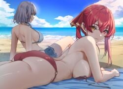 2girls ass back beach bikini bikini_skirt blue_sky breasts closed_mouth cloud day from_side green_eyes grey_hair hair_ribbon heterochromia highres hololive hololive_fantasy hololive_japan houshou_marine large_breasts long_hair looking_at_viewer looking_to_the_side lying mole mole_on_breast multiple_girls ocean on_stomach outdoors profile red_bikini red_eyes red_hair red_ribbon reulem ribbon sand shirogane_noel short_hair sideboob sitting sky strap_gap swimsuit thighs twintails untied untied_bikini virtual_youtuber yellow_eyes