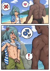 2boys balls beach blacked_male blue_hair blush brown_eyes censor_bar censored censored_penis comic dark-skinned_male dark_skin faceless_male femboy gay girly gkbt_sanpo ichirouta_kazemaru inazuma_eleven interracial light-skinned_male light_skin male male_focus male_only medium_penis muscular muscular_male nipples one_eye_covered open_mouth pink_nipples ponytail shirt_lift shirt_up sweat sweatdrop yaoi