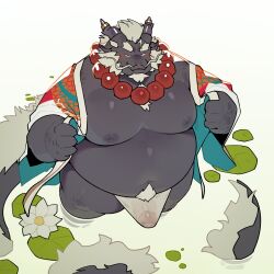 2022 anthro asian_clothing belly big_belly black_body black_horn blush bulge clothing dragon east_asian_clothing facial_hair flower fundoshi genitals hair hi_res horn humanoid_genitalia humanoid_hands humanoid_penis japanese_clothing kemono lily_pad looking_at_viewer male moobs navel nipples overweight overweight_male penis plant quanjiang smile solo translucent translucent_clothing translucent_underwear underwear white_clothing white_fundoshi white_hair white_underwear