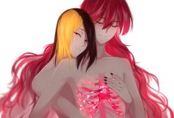 2020 ambiguous_gender androgynous closed_eyes hand_on_chest holding_another humanoid land_of_the_lustrous long_hair looking_at_viewer medium_hair one_eye_open padparadscha_(land_of_the_lustrous) red_hair ribcage rutile_(land_of_the_lustrous) sparkles sparkling_hair transparent_body two_tone_hair unknown_artist very_long_hair visible_ribcage white_background white_sclera