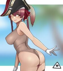 artist_logo ass bangs bare_shoulders black_thighhighs blurry blurry_background breasts closed_mouth covered_nipples donburikazoku female gloves hair_between_eyes hair_ribbon hat highres hololive hololive_fantasy hololive_japan houshou_marine large_breasts long_hair one-piece_swimsuit pirate pirate_hat red_hair red_ribbon ribbon smile solo swimsuit thighhighs thighs twintails virtual_youtuber white_gloves yellow_eyes