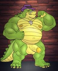 absurd_res alligator alligatorid amideo anthro balls barazoku belly biceps big_muscles bodily_fluids brok_(brok_the_investigator) brok_the_investigator clothing crocodile crocodilian crocodylid cum detective digital_media_(artwork) erection flexing genital_fluids genitals green_body hat headgear headwear hi_res humanoid_hands male manly mature_male moobs musclegut muscular muscular_anthro muscular_male navel nipples nude overweight overweight_anthro overweight_male paws pecs penis precum reptile scalie slightly_chubby smile solo standing tail teeth