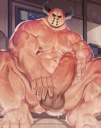 balls bara big_balls big_penis boner bracelet cum dragon_quest dsharp_k erection horns male male_only mask masked muscles muscular musk penis precum solo solo_male spread_legs sweaty thug_(dragon_quest)