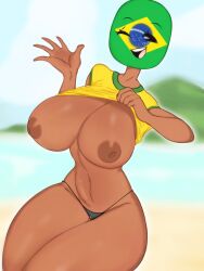 1girls beach big_breasts brazil_(countryhumans) breasts clothed countryhumans countryhumans_girl dark-skinned_female dark_skin female female_only flashing flawsy happy looking_at_viewer solo tagme