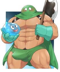 axe balls bara boner bulge cape dragon_quest erection gloves kandar male male_only mask masked muscles muscular o-ro penis pubic_hair slime_(dragon_quest) solo solo_male underwear weapon_over_shoulder