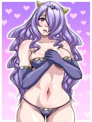 1girls bra breasts camilla_(adrift)_(fire_emblem) camilla_(fire_emblem) elbow_gloves female female_only fire_emblem fire_emblem_fates gloves hair_over_one_eye horns inabakun00 long_hair looking_at_viewer medium_breasts nintendo open_mouth panties pink_eyes purple_hair purple_panties smile solo underwear very_long_hair