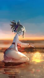 1girls beach cute female genshin_impact kneeling kneeling_female sparkles swimsuit sydus yoimiya_(genshin_impact)