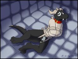 absurd_res anthro bondage bound captured cell_(disambiguation) chastity_cage chastity_device cute_expression dragon hi_res kidnapping male padded restraints solo straitjacket vargo vir-no-vigoratus