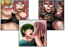 dirty_face explosion female groping izuku_midoriya katsuki_bakugou mei_hatsume my_hero_academia ochako_uraraka pierced_nipples pink_hair polyamory spiky_hair