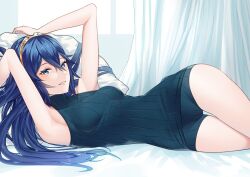 1girls ameno_(a_meno0) armpits arms_up blue_eyes blue_hair crossed_legs curtains fire_emblem fire_emblem_awakening long_hair looking_at_viewer lucina_(fire_emblem) lying nintendo pillow smile solo symbol-shaped_pupils tiara turtleneck underwear very_long_hair