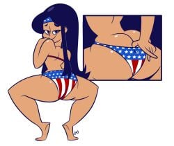 1girls american_flag_bikini ass_cleavage ass_peek bikini bikini_bottom_pull black_eyes black_hair blue_moon_(hanwithola) bubble_ass bubble_butt butt_crack crouching dark-skinned_female headband latby long_hair lookatthatbuttyo looking_at_viewer native_american navy_blue_hair perpetual_son solo solo_female solo_focus squatting tan-skinned_female thick_thighs white_background