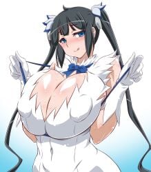 :q alternate_breast_size black_hair blue_background blue_eyes blue_ribbon blush breasts commentary_request covered_navel covered_nipples dungeon_ni_deai_wo_motomeru_no_wa_machigatteiru_darou_ka female gigantic_breasts gradient gradient_background hestia_(danmachi) highres long_hair looking_at_viewer photoshop_(medium) puffy_nipples rei_no_himo ribbon solo sweat tongue tongue_out twintails very_long_hair white_background yukimaru_(gojo)