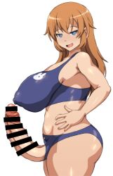 1futa arobiro balls blue_eyes breasts censor_bar censored charlotte_e_yeager erection futa_only futa_sans_balls futanari higher_resolution_duplicate huge_cock human large_breasts light-skinned_futanari light_skin looking_at_viewer one-piece_swimsuit partially_clothed penis penis_out red_hair shiny_clothes shiny_hair shiny_skin side_view sideboob solo standing strike_witches swimsuit world_witches_series