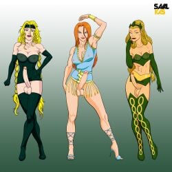 3futas amora_the_enchantress balls big_breasts big_penis blonde_hair blue_eyes bottomless breasts clothed clothing elbow_gloves erection erection_under_clothes erection_under_skirt futa_only futa_sans_pussy futanari gloves green_clothing green_eyes human human_only light-skinned_futanari light_skin long_hair looking_at_viewer lorelei_(asgardian) marvel miniskirt mostly_clothed penis red_hair reddish_hair savalkas skirt standing sylvie_lushton testicles thighhighs thor_(series) uncensored