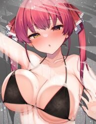 :o absurdres against_glass bikini bikini_top_only black_bikini breast_press breasts breasts_against_glass collarbone female hair_ribbon heterochromia highres hololive hololive_fantasy hololive_japan houshou_marine large_breasts long_hair red_eyes red_hair red_ribbon ribbon solo suzutarou_gunsou swimsuit twintails upper_body virtual_youtuber yellow_eyes