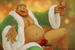 1boy a_christmas_carol anthro balls bow_ribbon chest_tuft christmas clothed clothing container cup cureboltium eyewear foreskin genitals ghost_of_christmas_present glasses goblet holidays holly_berries literature male mammal nude open_clothing open_robe penis public_domain robe slightly_chubby solo tuft ursid wreath