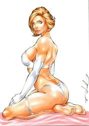 1girls ass big_ass blonde_eyebrows blonde_hair bubble_butt bulging_breasts busty curvaceous curvy_body curvy_female curvy_figure dc_comics ed_benes_studio erect_nipples female_focus female_only jeferson_lima justice_society_of_america karen_starr kryptonian looking_at_viewer milf nipple_bulge power_girl short_hair tagme thong voluptuous voluptuous_female white_bra