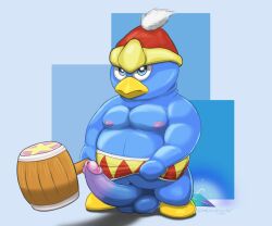 abstract_background absurd_res anthro avian balls belly big_balls big_penis bird blue_body blue_eyes bottomwear chubby_anthro chubby_male clothed clothing clothing_lift crystal erection genitals glistening glistening_body hammer hat headgear headwear hi_res king_dedede kirby_(series) kirby_64:_the_crystal_shards looking_at_viewer male male_only nintendo nipples penguin penis sadosaurus solo tools video_games waistband weapon