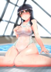 black_hair breasts competition_swimsuit covered_nipples embarrassed female female_only hair_ornament highleg highleg_swimsuit highres indoors kantai_collection long_hair looking_at_viewer nipples one-piece_swimsuit oyashio_(kantai_collection) pool poolside rei_no_pool see-through sekino_takehiro swimsuit that_pool white_one-piece_swimsuit yellow_eyes