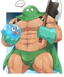 axe balls bara bulge cape dragon_quest kandar loves male male_only mask masked muscles muscular o-ro penis slime_(dragon_quest) solo solo_male underwear weapon_over_shoulder