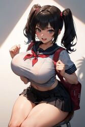 1girls :d ai_generated backpack bag bangs black_hair black_sailor_collar black_skirt blue_eyes blush breasts crop_top huge_breasts large_breasts long_hair looking_at_viewer midriff miniskirt navel neckerchief open_mouth pleated_skirt sailor_collar school_uniform serafuku shirt short_sleeves sitting skirt smile solo stable_diffusion taut_clothes taut_shirt teeth thick_thighs thighs twintails underwear white_shirt