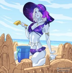 1girls anklet armwear awoken beach bikini blue_eyes blue_skin breasts bungie destiny_(game) female female_only hat jewelry kevinrages looking_at_viewer mara_sov pink_lipstick sand short_hair toned water white_hair