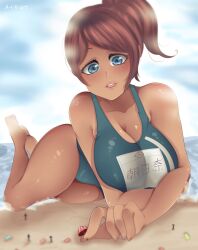 a-i-k-art asahina_aoi beach breasts cleavage danganronpa danganronpa:_trigger_happy_havoc danganronpa_1 giantess large_breasts one-piece_swimsuit smooth_skin swimsuit tanned tanned_female tanned_skin thighs