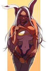 1girls big_breasts bunny_girl dark-skinned_female dark_skin denim denim_bottomwear denim_clothing denim_jeans hero_outfit_(mha) huge_breasts jeans kristallion large_breasts leotard long_hair looking_at_viewer miruko my_hero_academia naughty_face pants red_eyes revealing_clothes rumi_usagiyama seducing seductive seductive_look seductive_smile shirt shirt_up smile stripping undressing white_hair