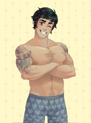 1boy blush_blush body_hair boxers dad_bod game_cg garret_(blush_blush) male muscular muscular_male pubes sad_panda_studios solo topless topless_male