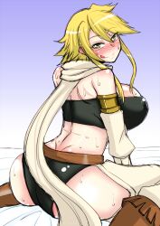 akame_ga_kill! ass big_ass black_panties black_underwear blonde blonde_female blonde_hair blonde_hair_female blush blushing huge_ass leone_(akame_ga_kill!) licking licking_lips matching_hair/eyes strapless syonnaka tube_top tubetop yellow_eyes