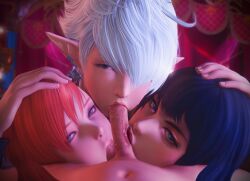 1boy 3d 3d_(artwork) 3girls alisaie_leveilleur alphinaud_leveilleur ball_sucking balls black_hair blowjob blue_eyes brother_and_sister cock_worship collaborative_fellatio female final_fantasy final_fantasy_xiv gaia_(ffxiv) hair_ribbon hand_on_head incest kayuri long_hair looking_at_viewer multiple_girls orange_hair penis pointy_ears ryne_waters short_hair small_penis square_enix sucking_penis teamwork triple_fellatio white_hair