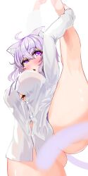 ahoge animal_ear_fluff animal_ears bangs blush bottomless breasts button_gap cat_ears cat_tail collared_shirt commentary_request commission crossed_bangs curvy dress_shirt female hair_between_eyes highres hololive hololive_gamers hololive_japan kajimakoto leg_up long_sleeves nekomata_okayu no_bra paid_reward_available partially_unbuttoned purple_eyes purple_hair see-through see-through_shirt shirt short_hair sideways_glance simple_background slit_pupils solo split standing standing_on_one_leg standing_split tail tail_censor thick_thighs thighs underboob virtual_youtuber white_shirt