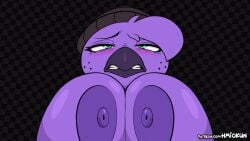 16:9 2025 2d_animation animated anthro areola artist_name avian beak beanie beanie_only beat_banger big_breasts biped bird black_background black_beanie black_clothing black_eyebrows black_hat black_headwear blush bouncing_breasts breasts bunfan_games checkered checkered_background clenched_teeth clothing digital_media_(artwork) eyebrows eyelashes female female_anthro freckled_face freckles front_view green_eyes hair hair_over_eye hat headgear headwear hmiokun huge_breasts looking_up loop mostly_nude mostly_nude_anthro mostly_nude_female nipples non-mammal_breasts patreon patreon_username pattern_background pupils purple_areola purple_body purple_hair purple_nipples short_playtime simple_background solo suggestive teeth text url widescreen zoe_monroe