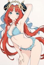 ai_generated bikini blank_background blue_eyes female genshin_impact hand_behind_head hand_on_leg horns nilou_(genshin_impact) red_hair twintails