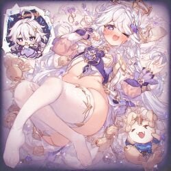1boy 1girl ahegao ai_generated ass bed blush feet female genshin_impact hair_ornament halo heart heart-shaped_pupils huge_ass legs long_hair male navel on_bed paimon_(genshin_impact) plow_pose plump small_breasts stomach symbol-shaped_pupils thighhighs thighs toes white_hair white_thighhighs