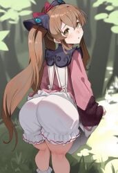 ai_generated ass ass_focus bloomers blush brown_eyes brown_hair dress dress_lift female from_behind hair_ornament huge_ass long_hair looking_at_viewer looking_back looking_up lymle_lemuri_fi noka parted_lips solo star_ocean star_ocean_the_last_hope twintails very_long_hair
