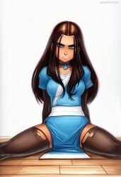 2025 ai_generated artist_name blue_eyes breasts brown_hair crazyfishbones female jewelry katara long_hair looking_at_viewer sitting solo thighhighs