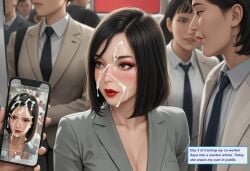 ai_assisted ai_generated asian_female blush blushing_face blushing_female cum_on_breasts cum_on_face eyeliner female female_focus female_in_suit female_in_training filmed japanese_female makeup phone_screen public public_exposure public_humiliation public_indecency recorded red_lips red_lipstick suit text text_box text_bubble training turned_on turned_submissive