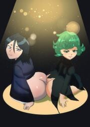 2girls ass ass_focus ass_to_ass big_ass black_hair bleach bottomless clothed dress female female_focus female_only green_eyes green_hair greenthumb_2 kimono kuchiki_rukia looking_at_viewer one-punch_man purple_eyes short_hair shortstack sitting smile superheroine tatsumaki thick thick_ass thick_thighs