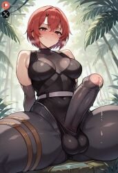 1futa ai_generated balls big_penis blush clothing cock dickgirl dino_crisis erection foreskin futa_only futanari huge_cock light-skinned_futanari light_skin looking_at_viewer low-angle_view medium_breasts outdoors penis precum red_eyes red_hair regina_(dino_crisis) roxygtf short_hair sitting smug solo sweat sweating sweaty_body