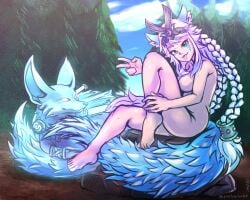 1girl 1girls 2d 2d_(artwork) animal_ears animal_tail ass braid braided_hair braided_twintails breasts bushy_tail fantasy female female_focus female_only forest fox fox_ears fox_girl fox_tail gnarlybramble io_(paladins) looking_at_viewer luna_(paladins) nude paladins_(game) peace_sign silver_hair sitting sitting_down stump tail tiara tongue_out