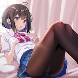 black_hair female female_only lying_on_bed panties panties_under_pantyhose pantyhose purple_eyes school_uniform short_hair skirt touching_breast