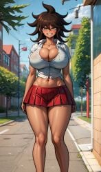 1girls ai_generated athletic athletic_female breasts brown_hair danganronpa dark-skinned_female dark_skin female full_body green_eyes huge_breasts looking_at_viewer owari_akane red_skin school_uniform tagme tan thick_thighs white_shirt zakvar