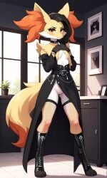 1girls 2025 ai_generated annoyed anthro black_hair boots choker covered_nipples delphox detached_sleeves digitigrade eyeliner eyeshadow female female_only fishnet_legwear fishnets generation_6_pokemon goth goth_girl hi_res indoors inner_ear_fluff innie_pussy long_hair nintendo no_panties orange_eyes orange_fur pokemon pokemon_(species) pussy white_fur yellow_fur